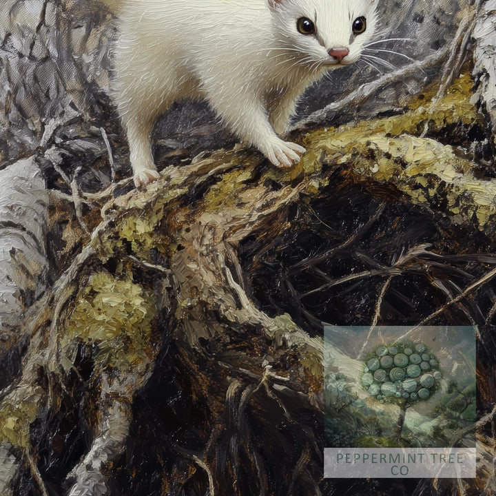 Stoat Winter Coat Print, Vintage Forest Art, Cottagecore Decor