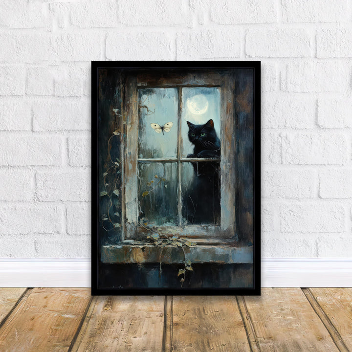 Moth-Watching Cat Print, Vintage Cottagecore Illustration