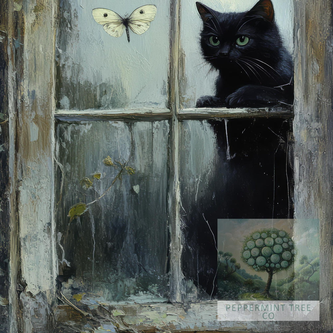 Moth-Watching Cat Print, Vintage Cottagecore Illustration