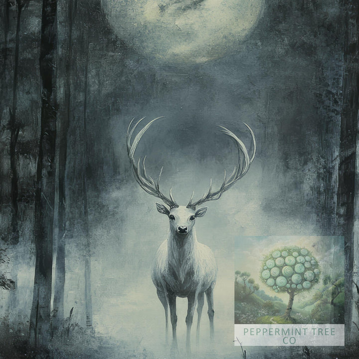 White Stag Moon Print, Vintage Forest Illustration