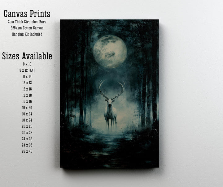 White Stag Moon Print, Vintage Forest Illustration
