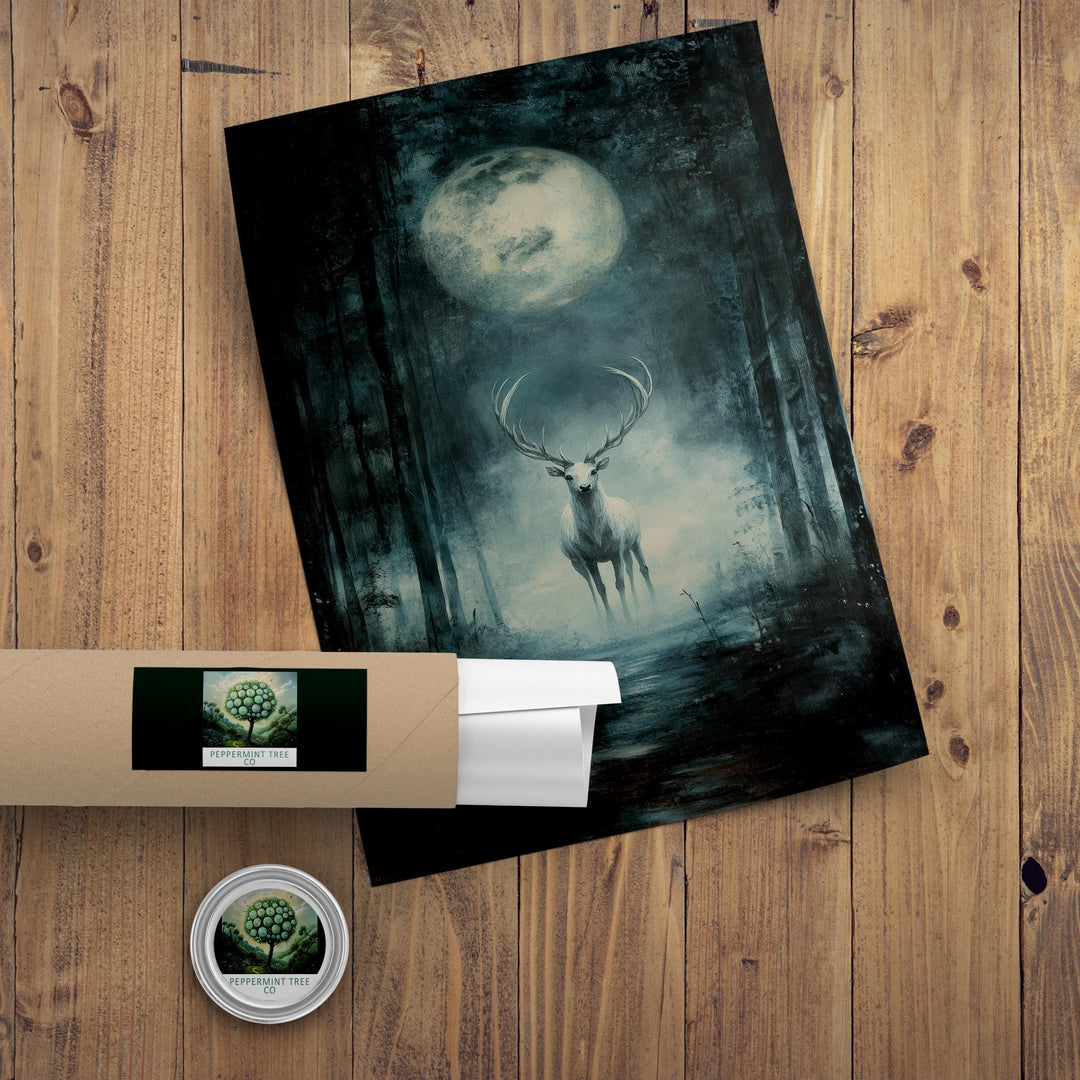 White Stag Moon Print, Vintage Forest Illustration