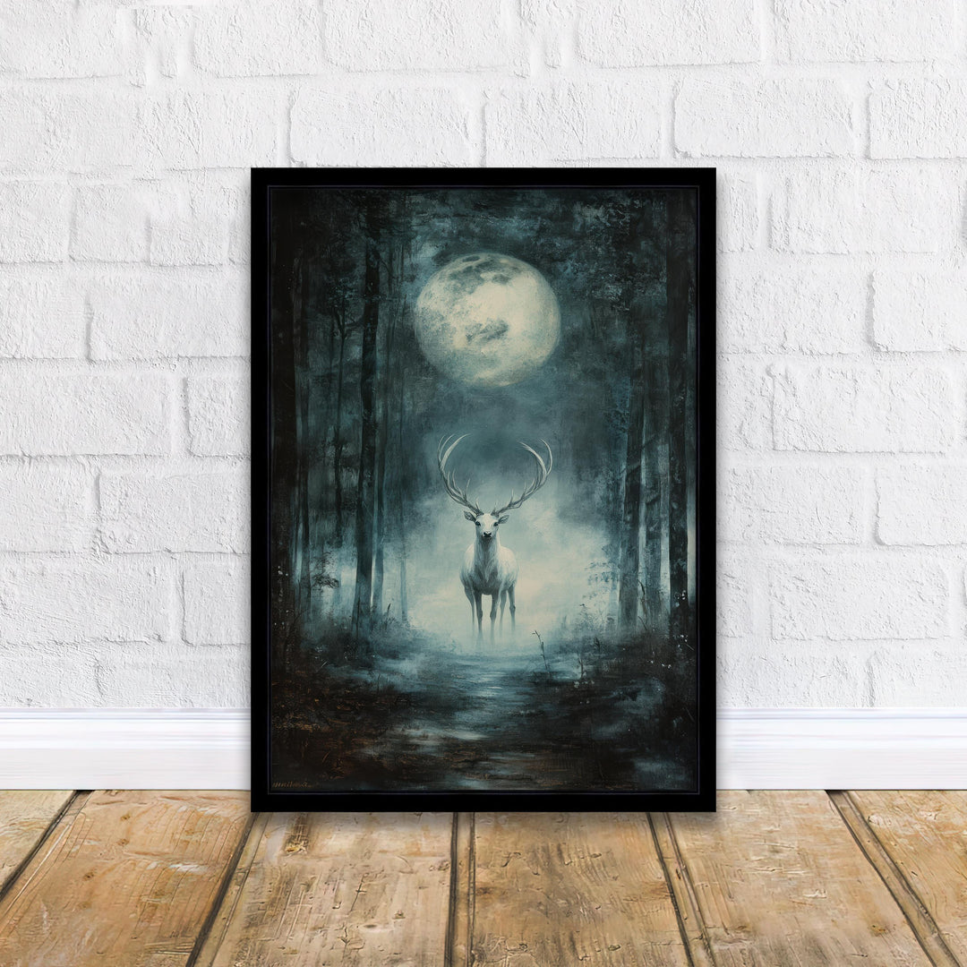 White Stag Moon Print, Vintage Forest Illustration