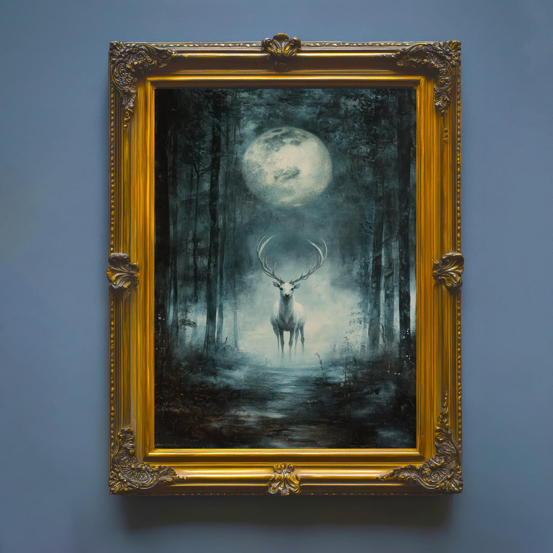 White Stag Moon Print, Vintage Forest Illustration