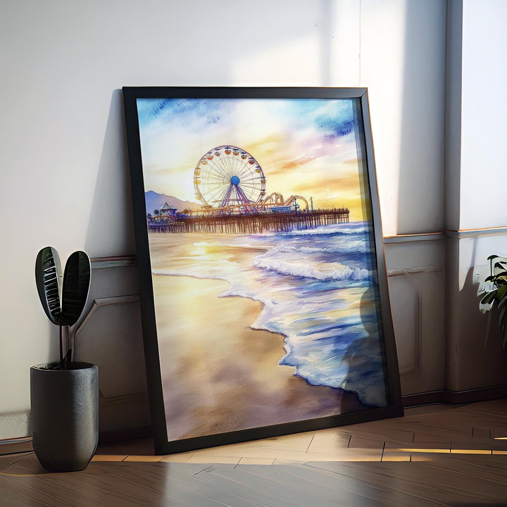 Santa Monica Pier Watercolor Poster Santa Monica CA Travel Print Wall Art Santa Monica Pier Home Decor Santa Monica Pier Gift Art Lovers