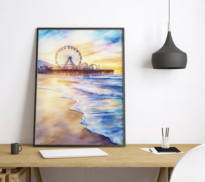 Santa Monica Pier Watercolor Poster Santa Monica CA Travel Print Wall Art Santa Monica Pier Home Decor Santa Monica Pier Gift Art Lovers