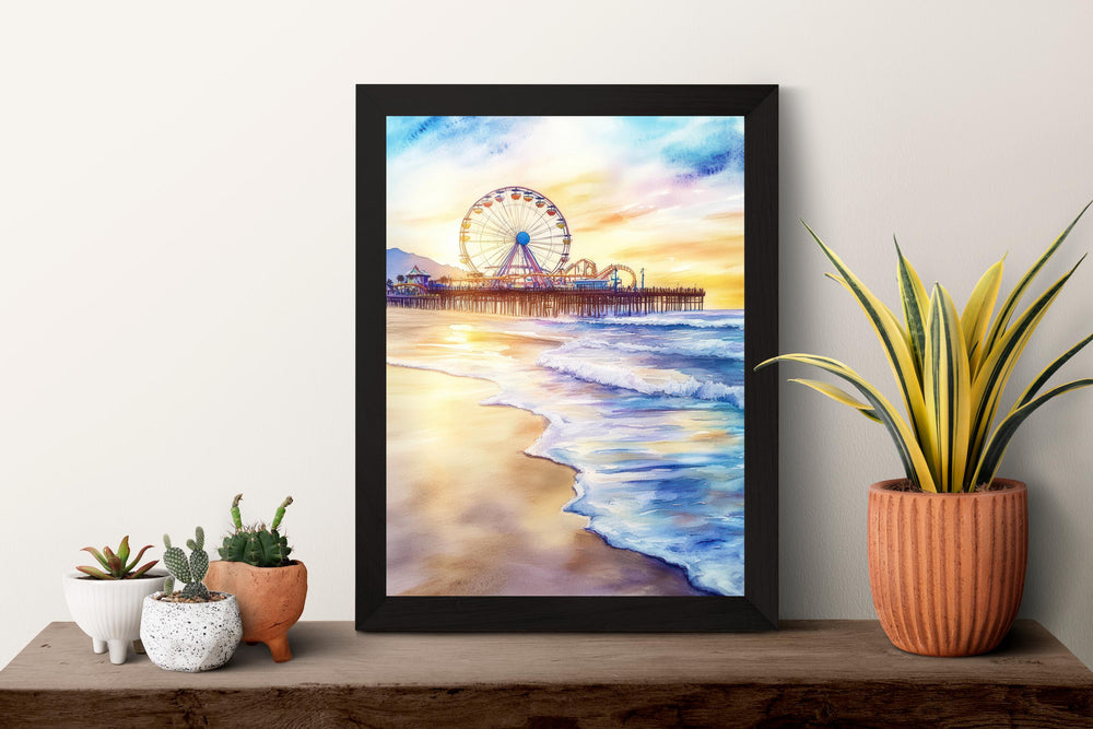 Santa Monica Pier Watercolor Poster Santa Monica CA Travel Print Wall Art Santa Monica Pier Home Decor Santa Monica Pier Gift Art Lovers