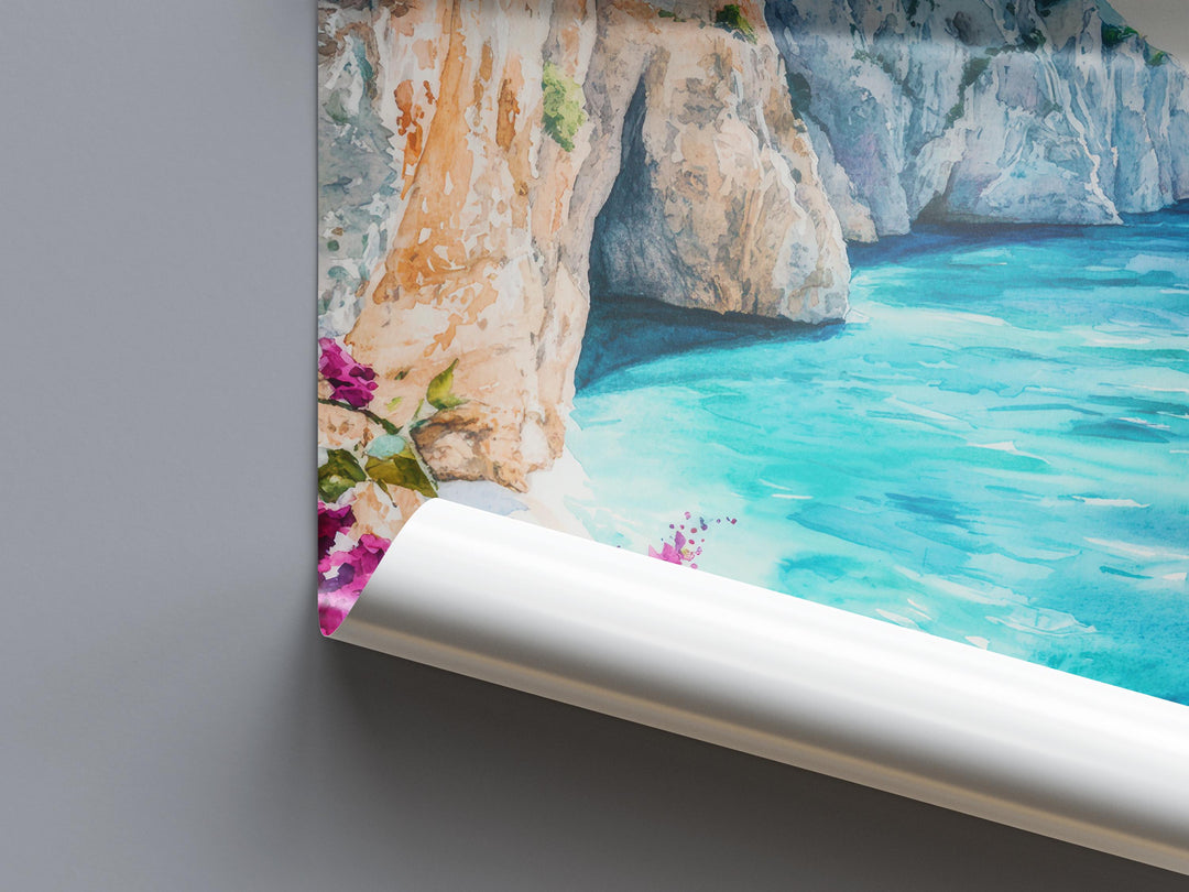 Zakynthos Watercolor Poster Greece Travel Print Wall Art Home Decor Gift Greek Isle Souvenir Navagio Beach Blue Caves Ionian Sea Landscape