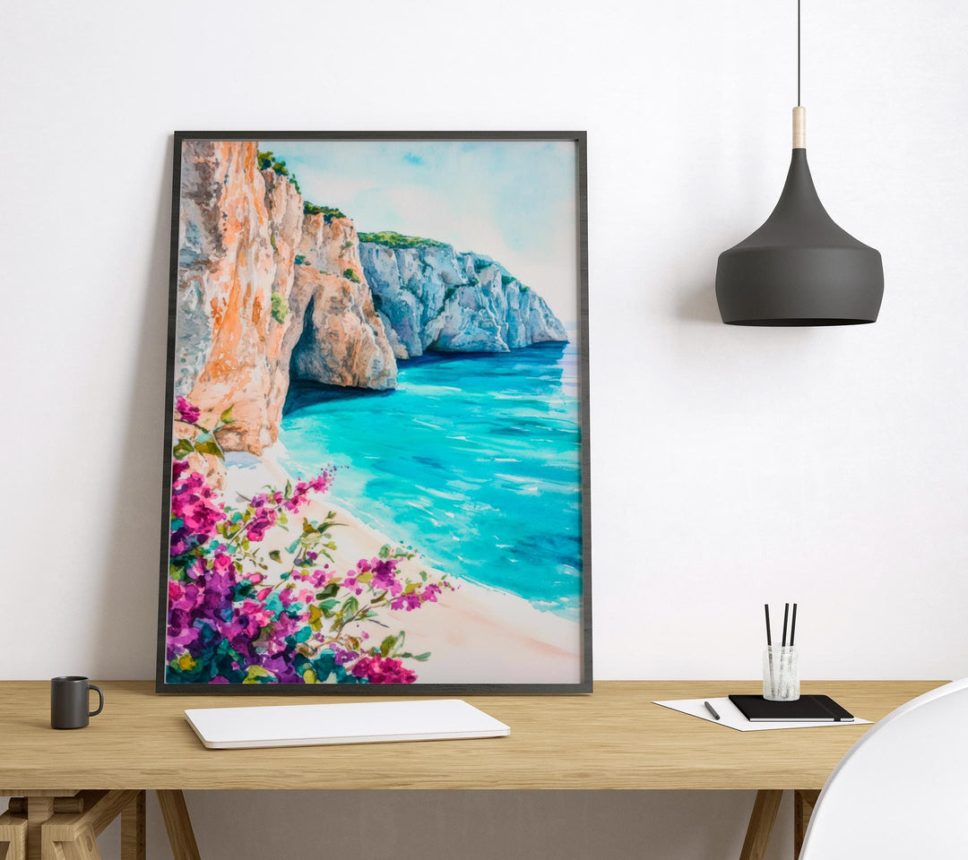 Zakynthos Watercolor Poster Greece Travel Print Wall Art Home Decor Gift Greek Isle Souvenir Navagio Beach Blue Caves Ionian Sea Landscape