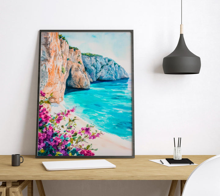 Zakynthos Watercolor Poster Greece Travel Print Wall Art Home Decor Gift Greek Isle Souvenir Navagio Beach Blue Caves Ionian Sea Landscape