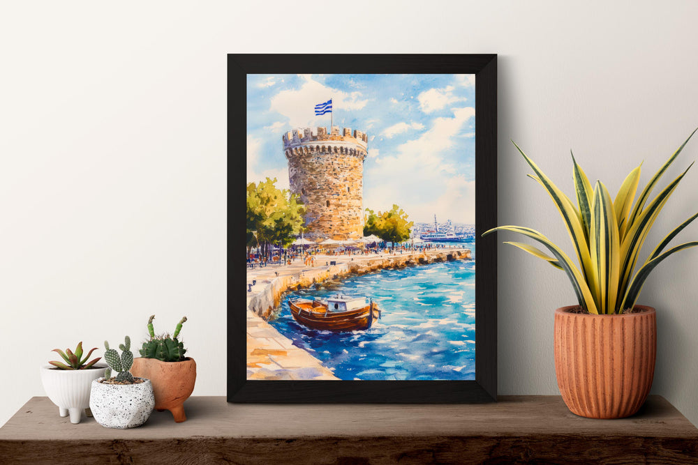 Thessaloniki Watercolor Poster Greece Travel Print Wall Art Home Decor Gift Greek City Souvenir White Tower Aegean Sea Ar