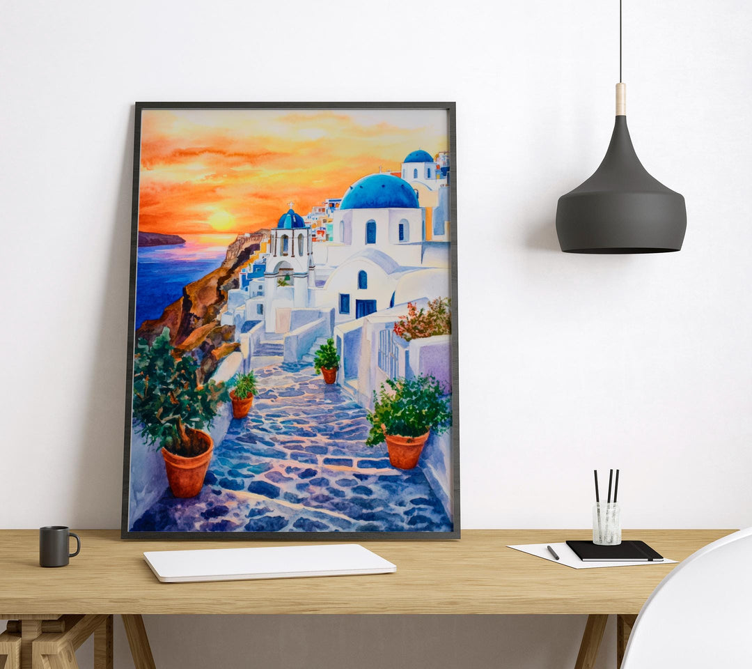 Santorini Watercolor Poster Greece Travel Print Wall Art Home Decor Gift Greek Isle Souvenir White Washed Villages Sunset Wall Decor Hanging