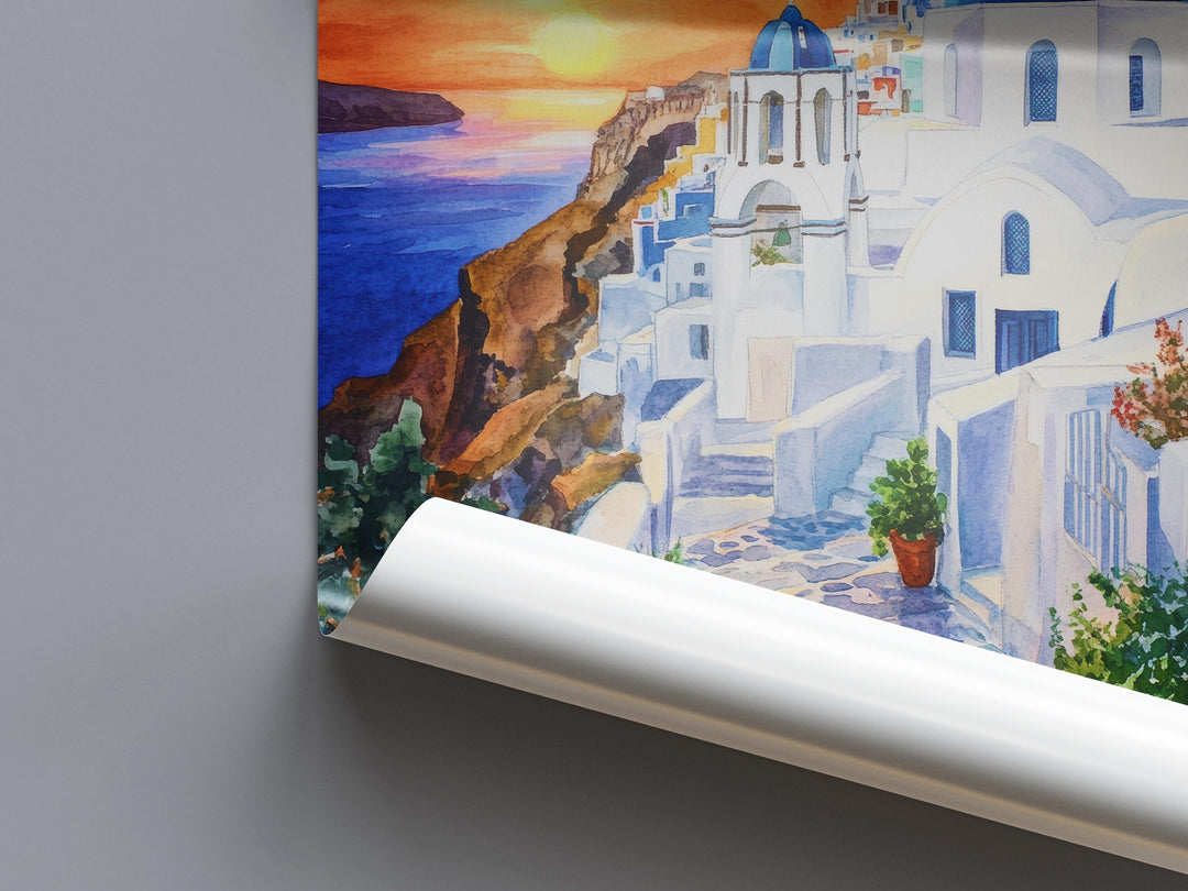Santorini Watercolor Poster Greece Travel Print Wall Art Home Decor Gift Greek Isle Souvenir White Washed Villages Sunset Wall Decor Hanging