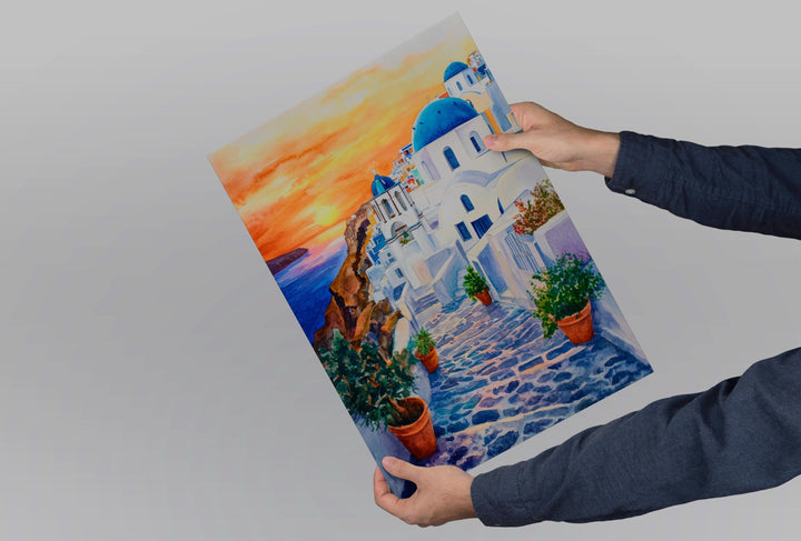 Santorini Watercolor Poster Greece Travel Print Wall Art Home Decor Gift Greek Isle Souvenir White Washed Villages Sunset Wall Decor Hanging