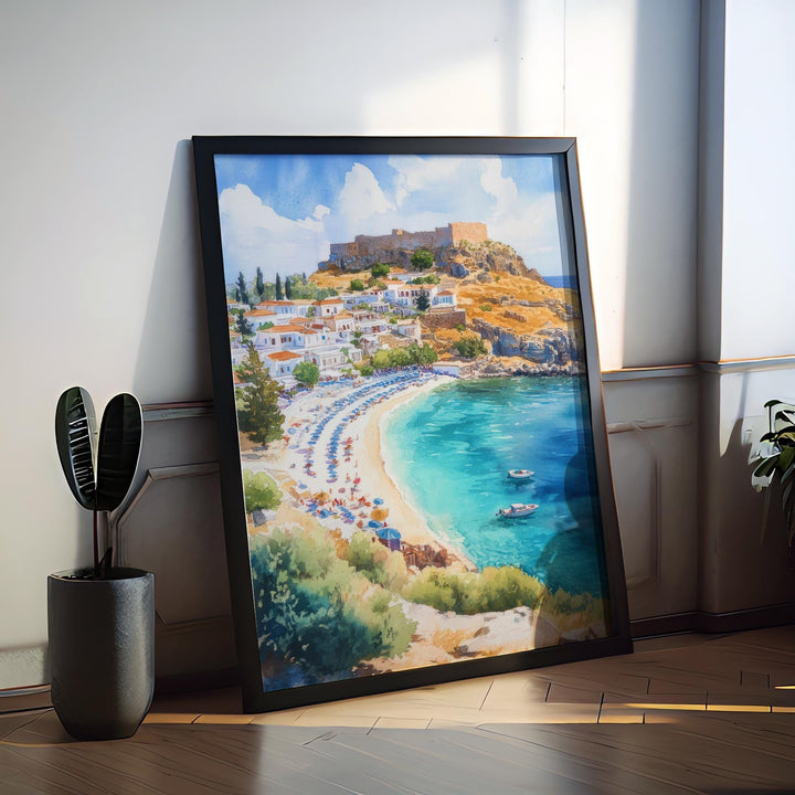 Rhodes Watercolor Poster Greece Travel Print Wall Art Home Decor Gift Greek Isle Souvenir Old Town Beach Castle Wall Decor Hanging