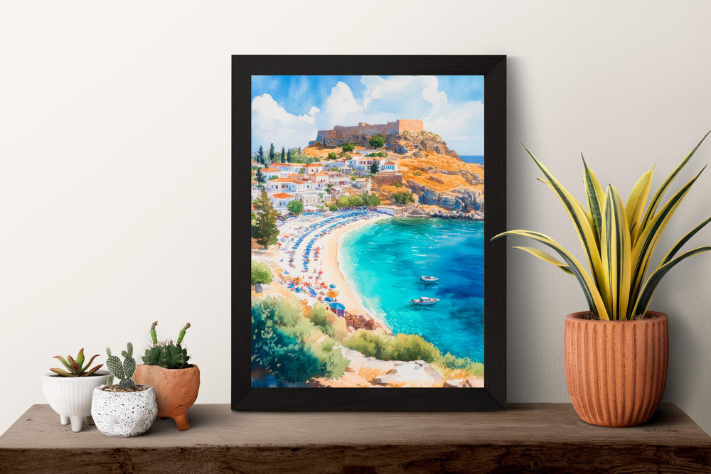 Rhodes Watercolor Poster Greece Travel Print Wall Art Home Decor Gift Greek Isle Souvenir Old Town Beach Castle Wall Decor Hanging