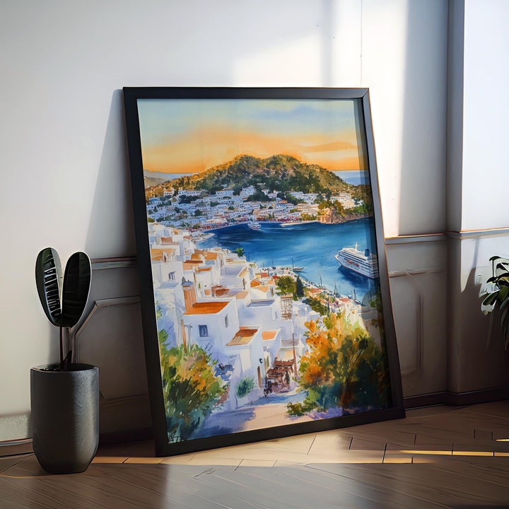 Patmos Watercolor Poster Greece Travel Print Wall Art Home Decor Gift Greek Isle Souvenir Monastery Cave Beach Wall Decor Hanging