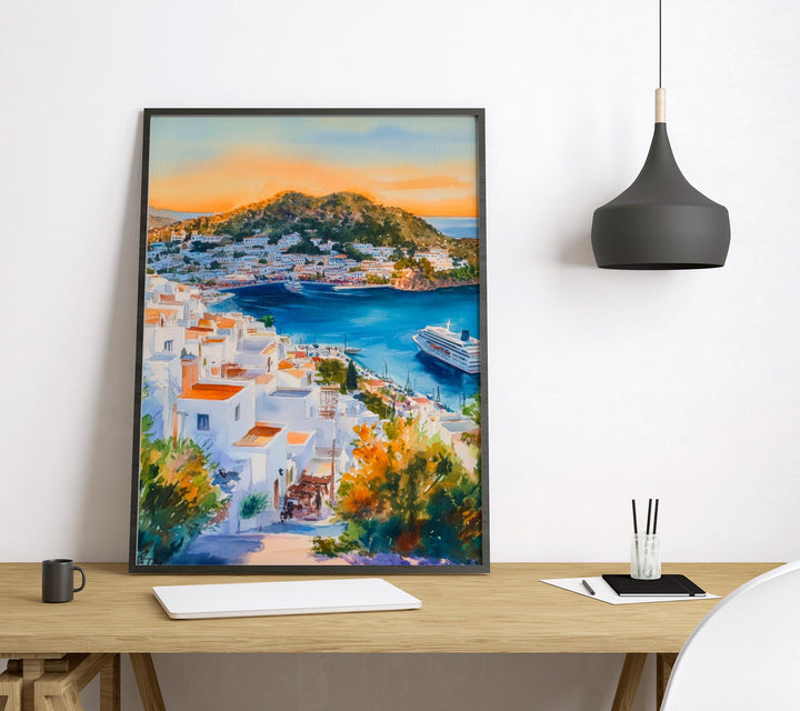 Patmos Watercolor Poster Greece Travel Print Wall Art Home Decor Gift Greek Isle Souvenir Monastery Cave Beach Wall Decor Hanging
