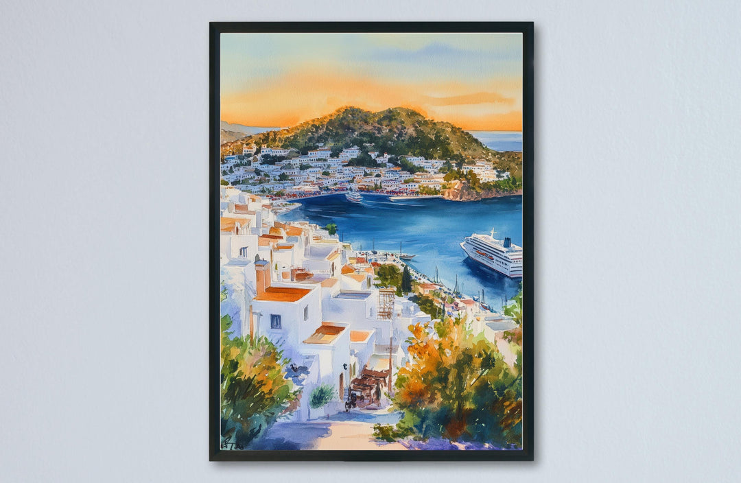 Patmos Watercolor Poster Greece Travel Print Wall Art Home Decor Gift Greek Isle Souvenir Monastery Cave Beach Wall Decor Hanging