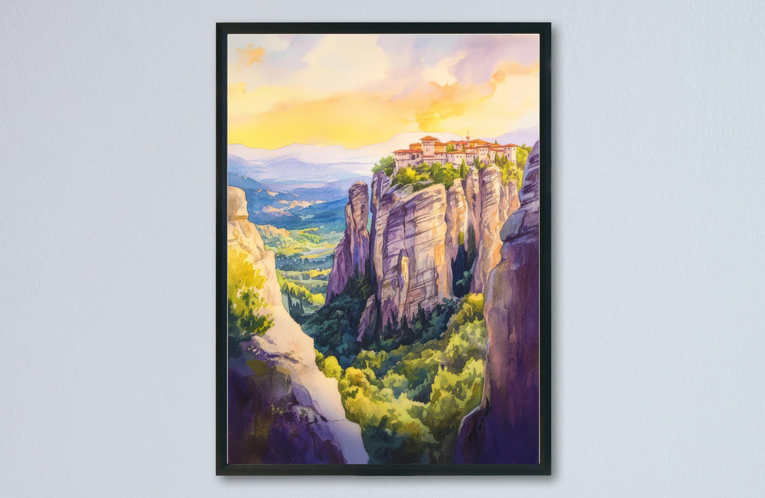 Meteora Watercolor Poster Greece Travel Print Wall Art Home Decor Gift Greek Site Souvenir Monasteries Cliffs Pilgrimage Wall Decor Hanging
