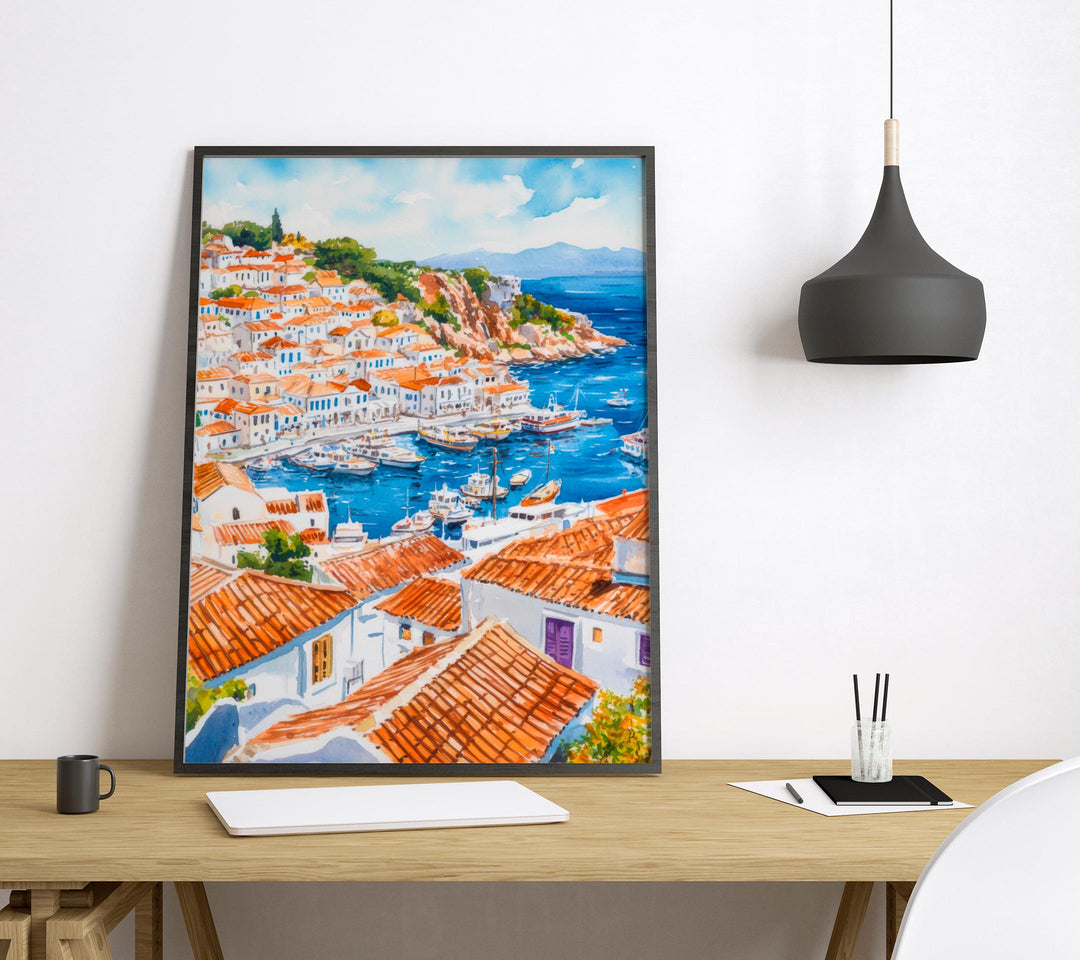 Hydra Watercolor Poster Greece Travel Print Wall Art Home Decor Gift Greek Isle Souvenir Car Free Port Village Wall Decor Hanging