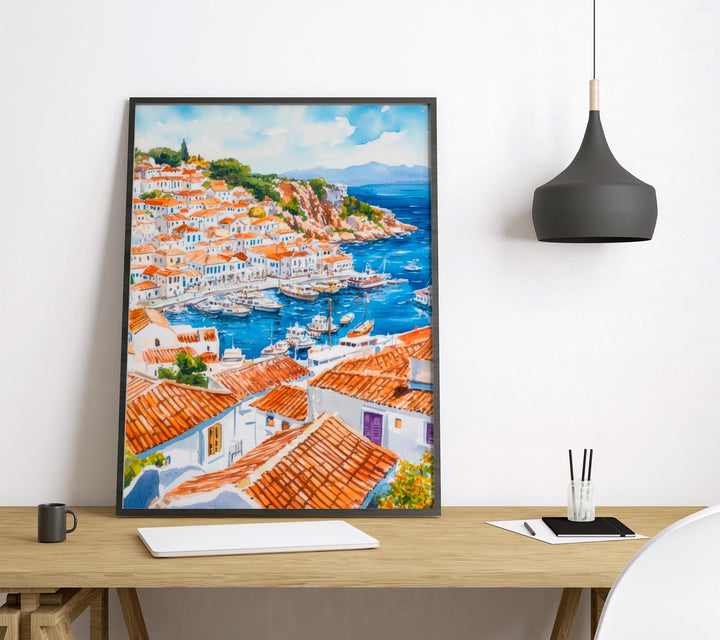 Hydra Watercolor Poster Greece Travel Print Wall Art Home Decor Gift Greek Isle Souvenir Car Free Port Village Wall Decor Hanging