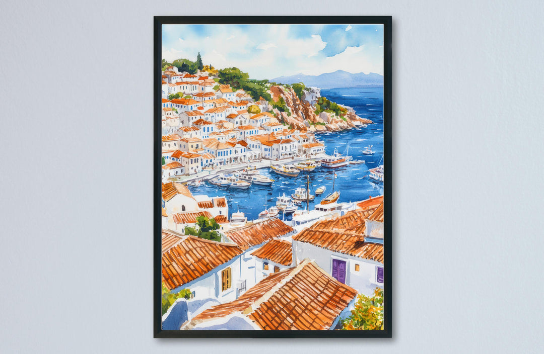 Hydra Watercolor Poster Greece Travel Print Wall Art Home Decor Gift Greek Isle Souvenir Car Free Port Village Wall Decor Hanging