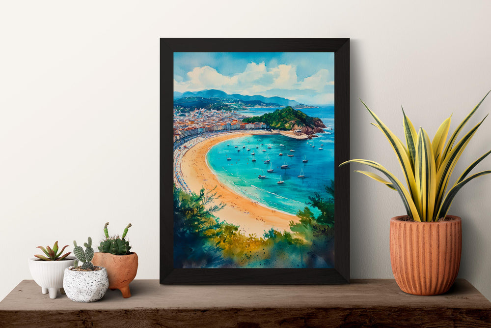 San Sebastian Watercolor Poster Spain Travel Print Wall Art Home Decor Gift Spanish City Beach Food Wall Decor Hanging