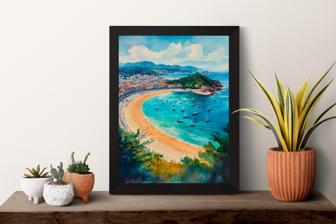 San Sebastian Watercolor Poster Spain Travel Print Wall Art Home Decor Gift Spanish City Beach Food Wall Decor Hanging