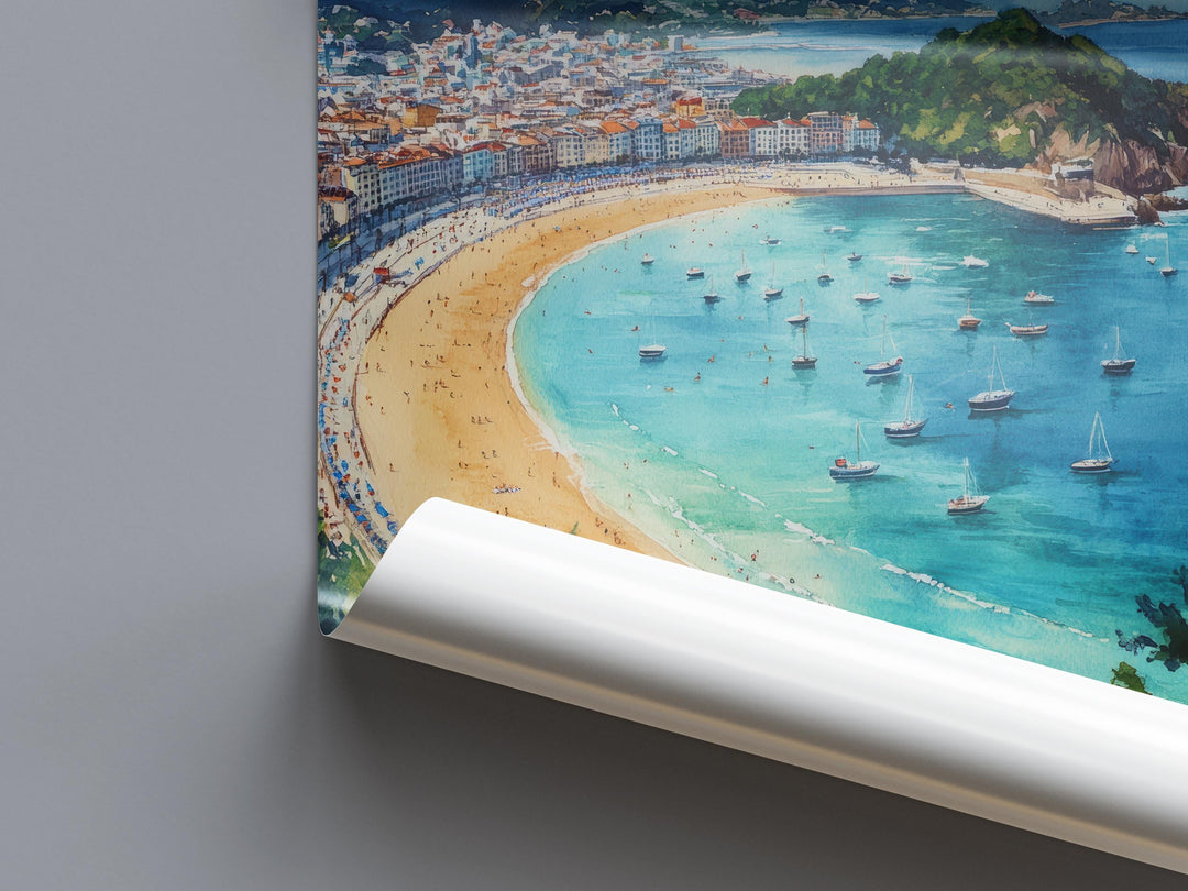 San Sebastian Watercolor Poster Spain Travel Print Wall Art Home Decor Gift Spanish City Beach Food Wall Decor Hanging