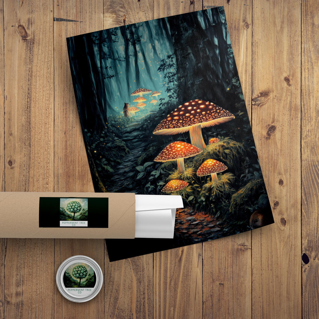 Mushroom Glow Worms Print: Vintage Cottagecore Woodland Art
