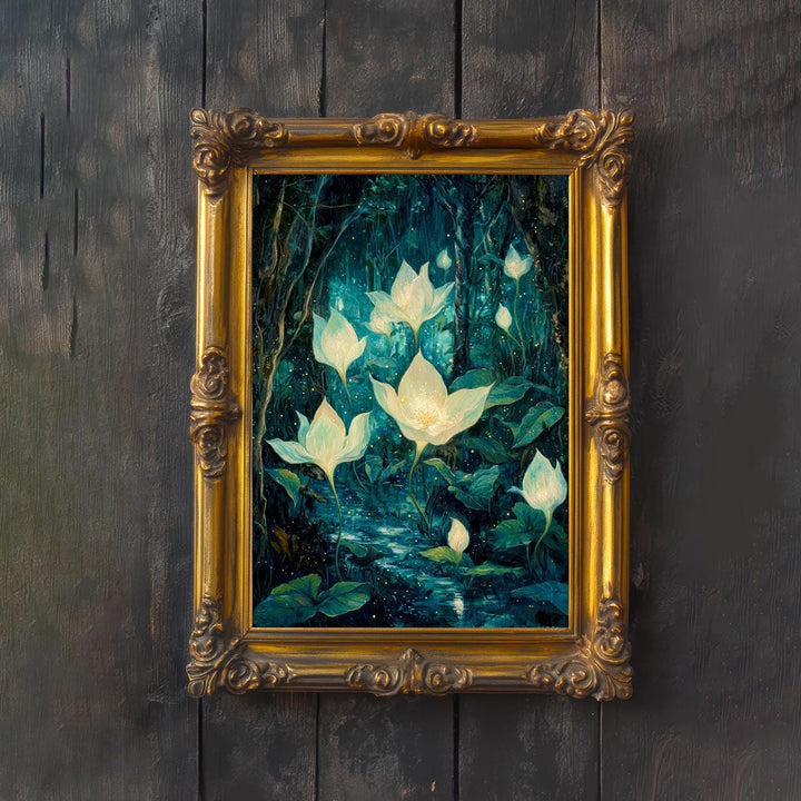 Moonflower Garden Art Print, Enchanted Floral Cottagecore Decor