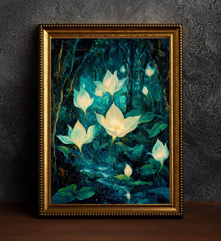 Moonflower Garden Art Print, Enchanted Floral Cottagecore Decor