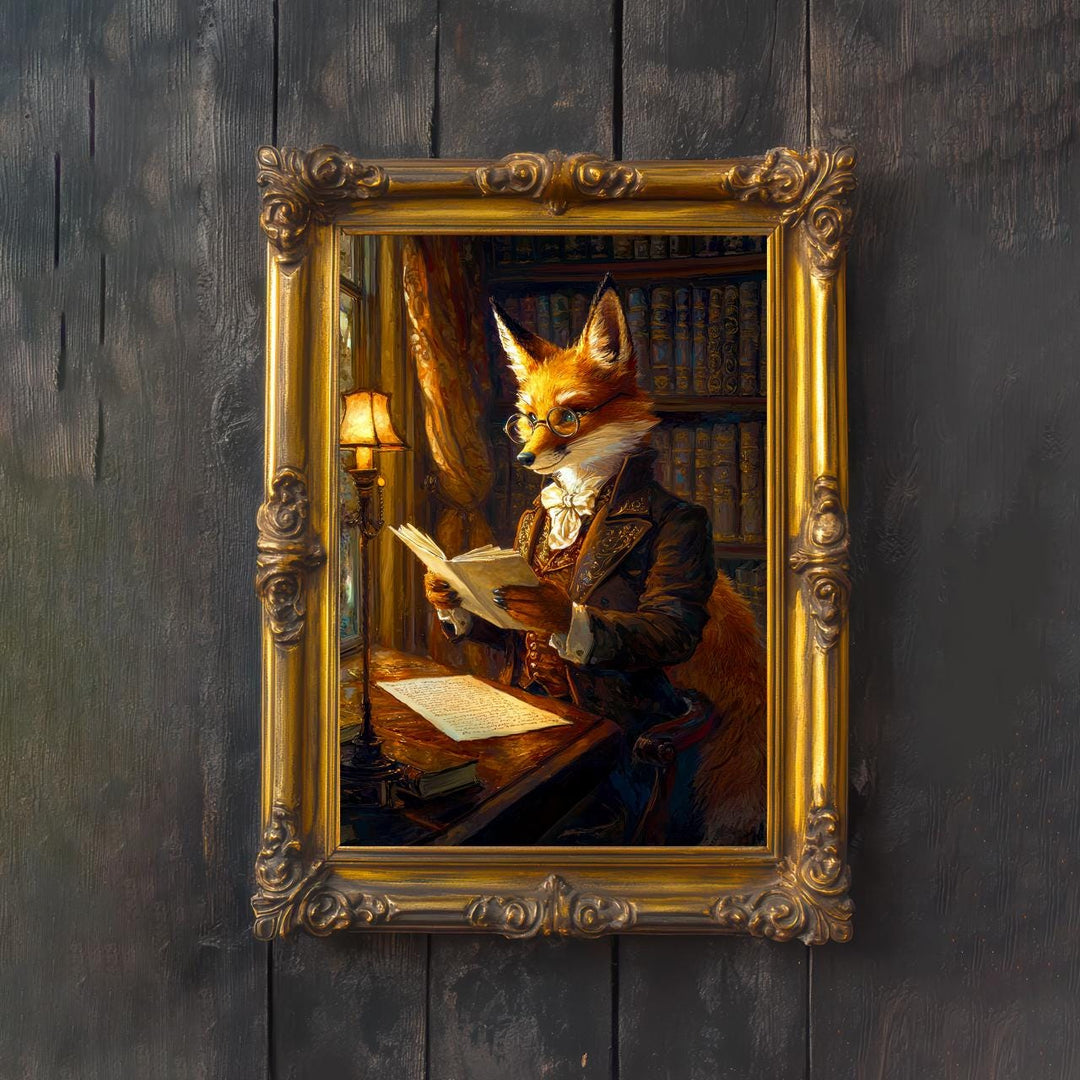 Fox Reading Poster Whimsical Animal Artwork Cottagecore Wall Art Cozy Woodland Illustration Enchanted Nature Print Vintage Storybook Fantasy