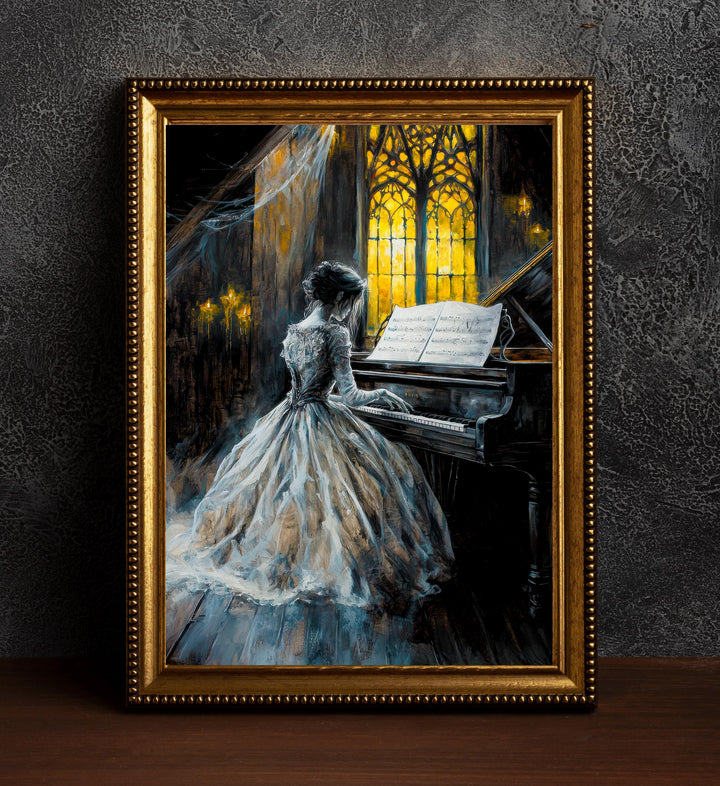 Ghost Bride Playing Piano Poster Gothic Haunted Artwork Dark Academia Wall Art Vintage Ghost Illustration Spooky Romantic Print Paranorma
