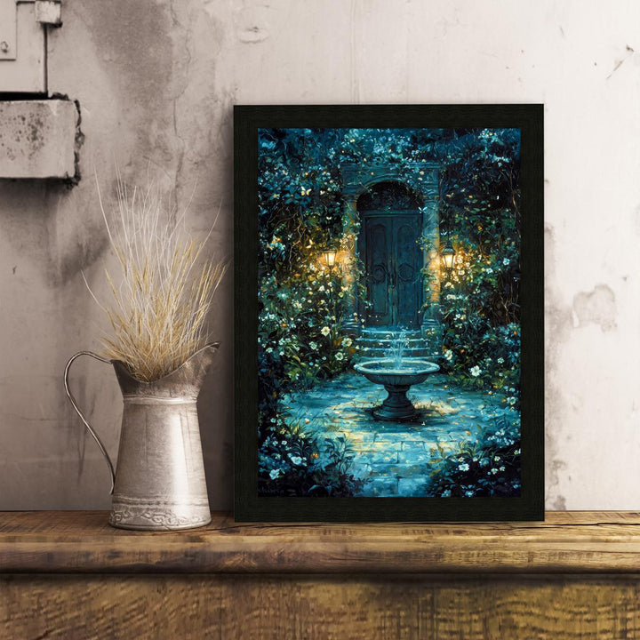 Garden Fountain Poster Enchanted Nature Artwork Magical Garden Illustration Cottagecore Wall Art Whimsical Botanical Print Vintage Fantasy