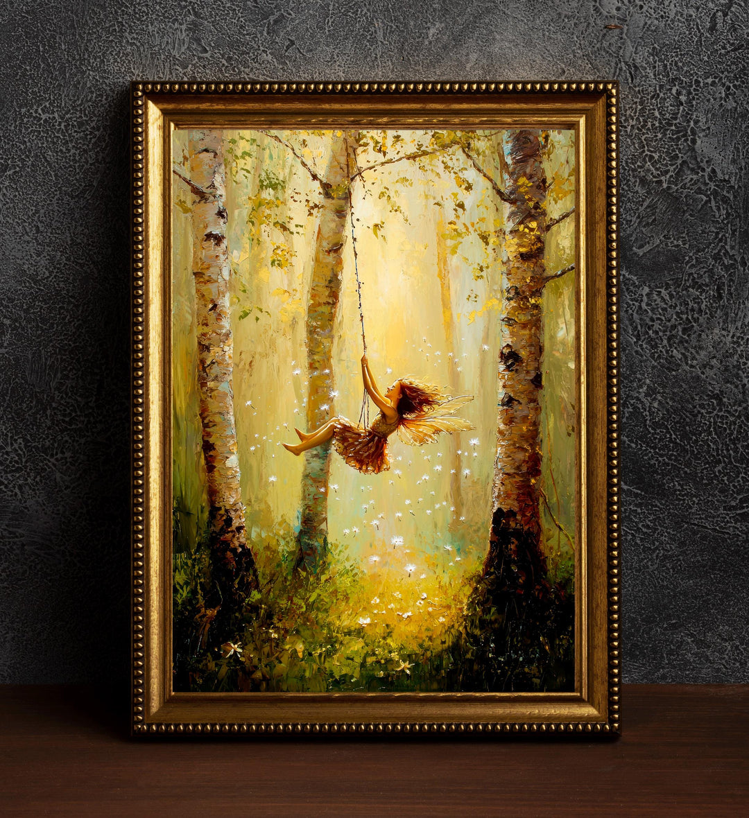 Fairy on Swing Poster Enchanted Woodland Artwork Magical Nature Illustration Cottagecore Wall Art Whimsical Fantasy Print Vintage Fairycore