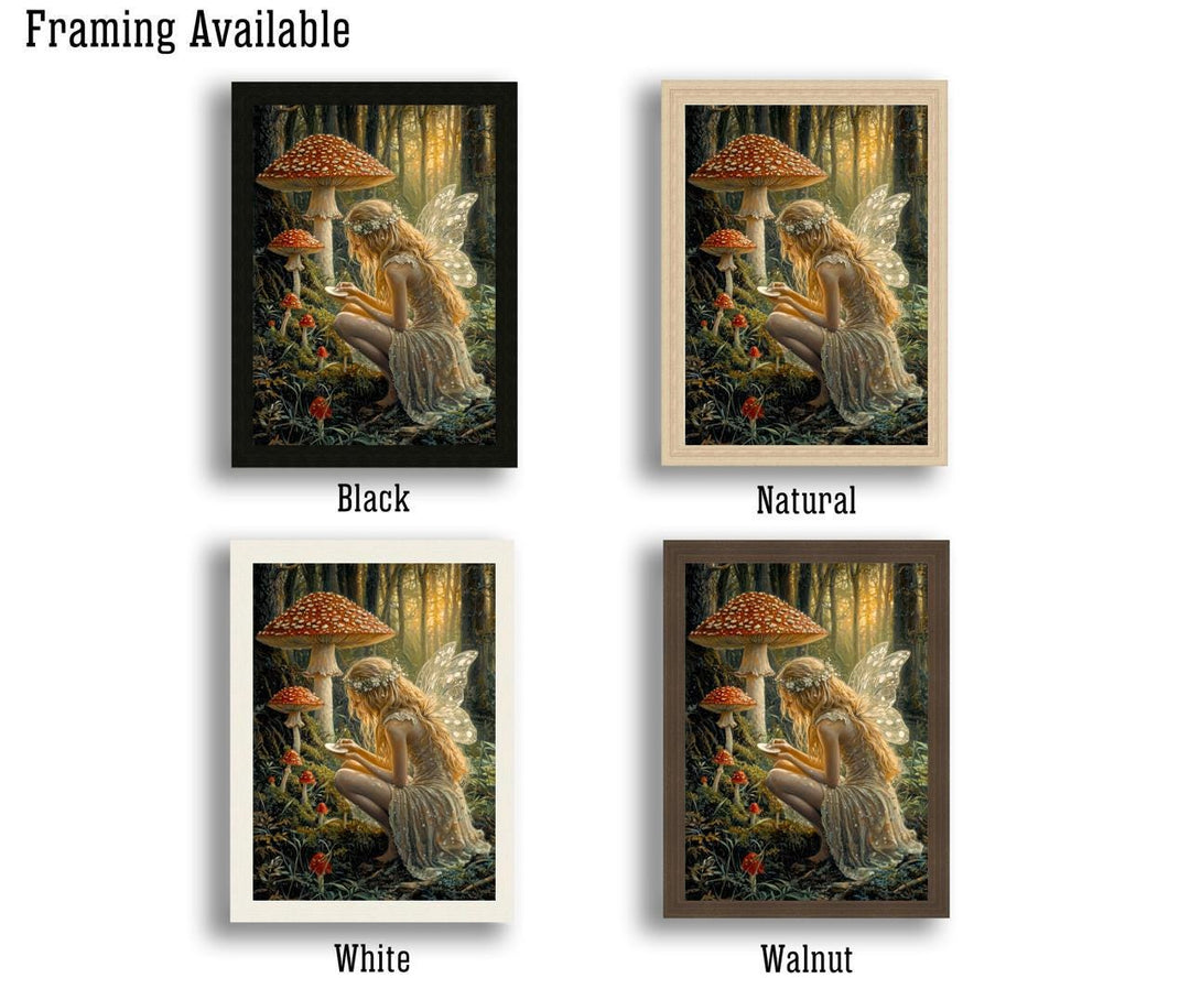 Fairy Painting Mushrooms Poster Enchanted Woodland Artwork Magical Nature Illustration Cottagecore Wall Art Whimsical Fantasy Print Vintage
