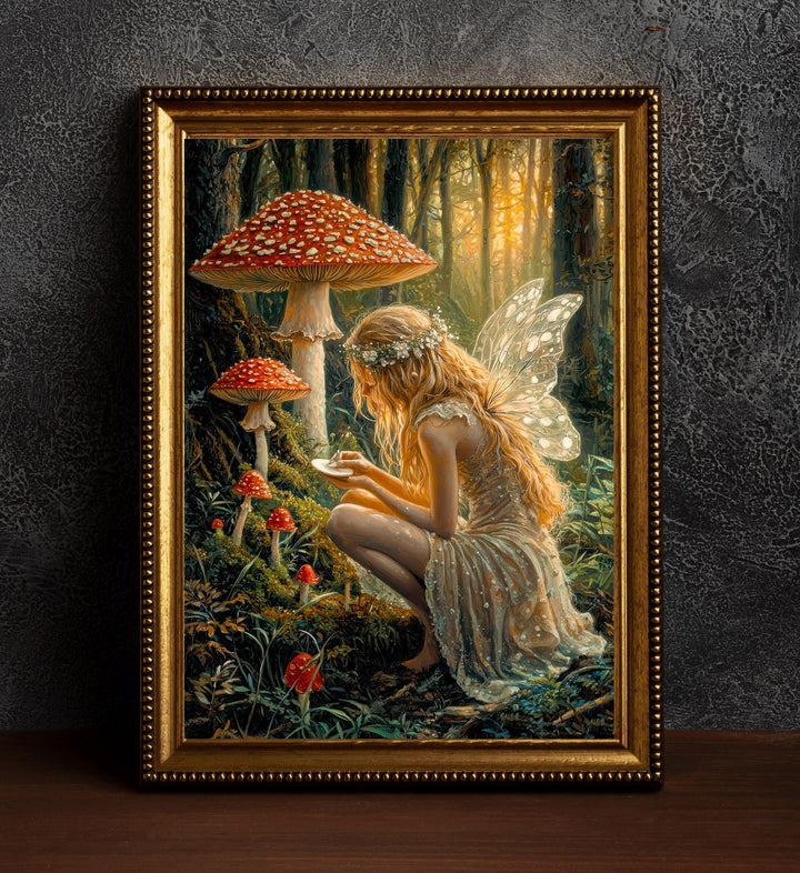 Fairy Painting Mushrooms Poster Enchanted Woodland Artwork Magical Nature Illustration Cottagecore Wall Art Whimsical Fantasy Print Vintage