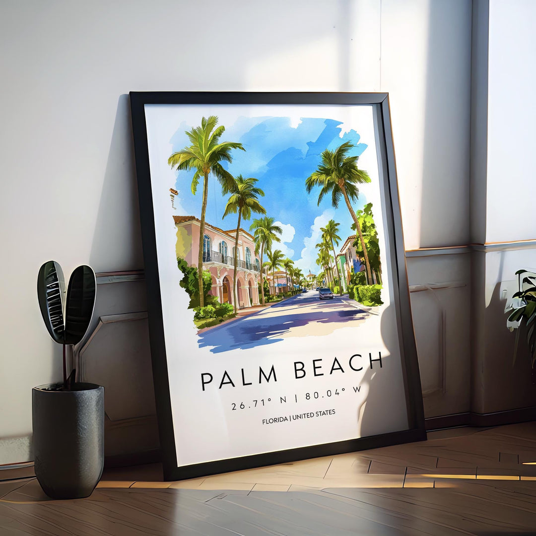 Palm Beach Watercolor Poster Wall Art Palm Beach Wall Decor Home Décor Palm Beach Gift USA Art Lover Gift, Travel Souvenir Print