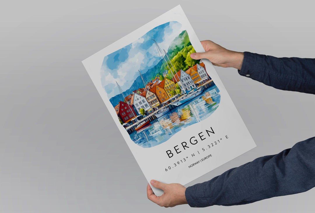 Bergen Watercolor Poster Wall Art Bergen Wall Decor Home Décor Bergen Gift Norway Art Lover Gift, Travel Souvenir Print
