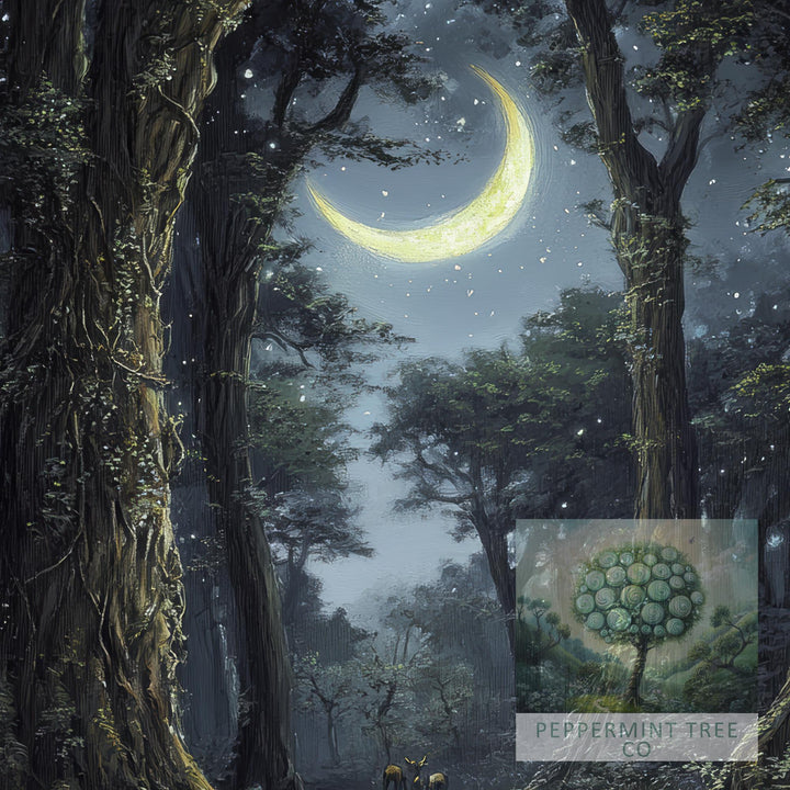 Moonlight Forest Print, Vintage Cottagecore Nature Art