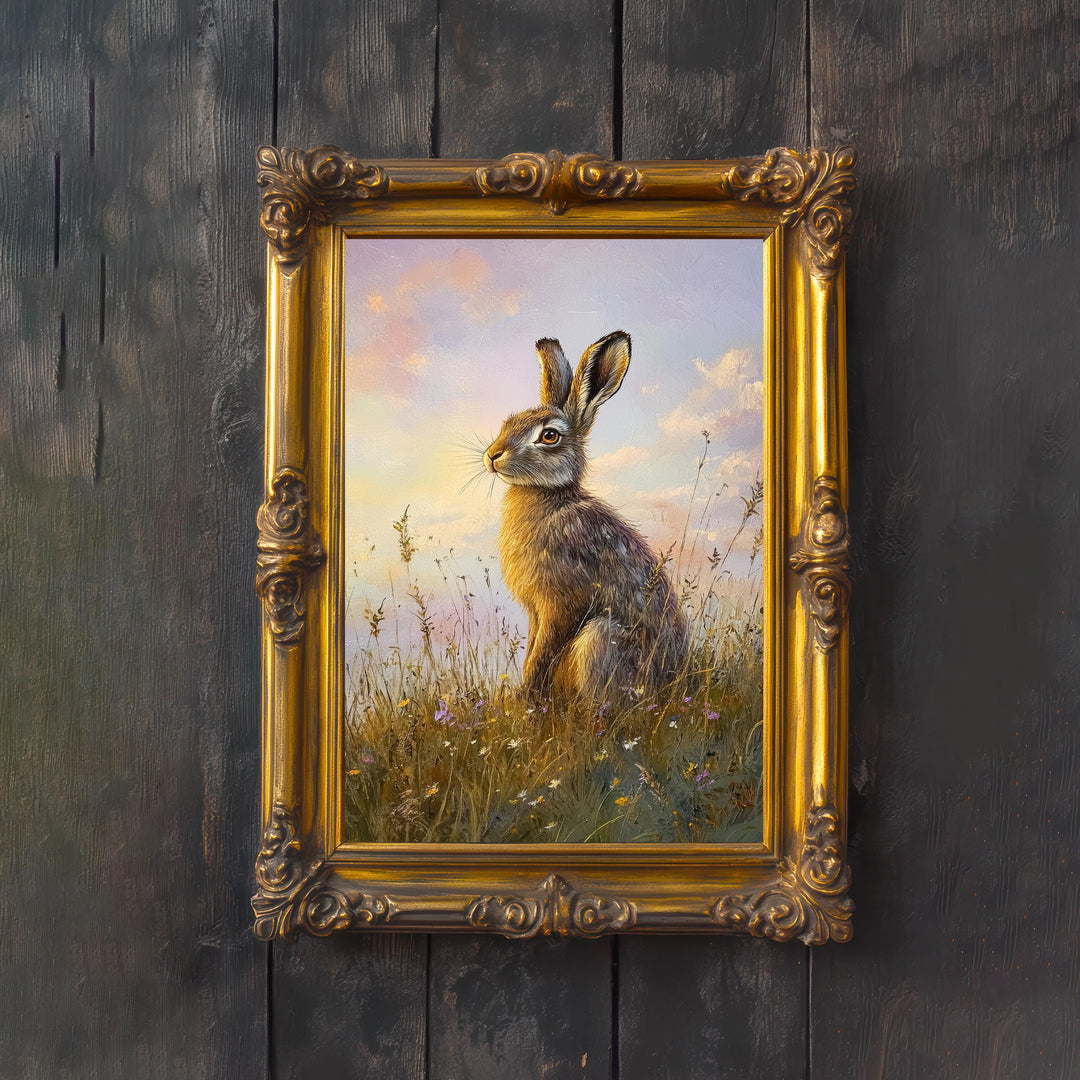 Hare in a Meadow Cottagecore Print Poster Vintage Nature Art Dark Academia Wall Decor Antique Illustration Enchanted Woodland Cottagecore