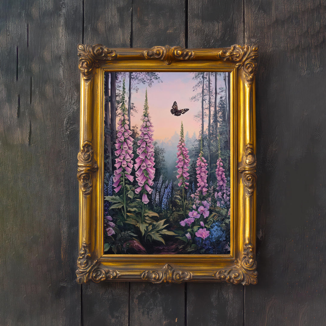 Foxglove Moth Botanical Print, Vintage Cottagecore Art