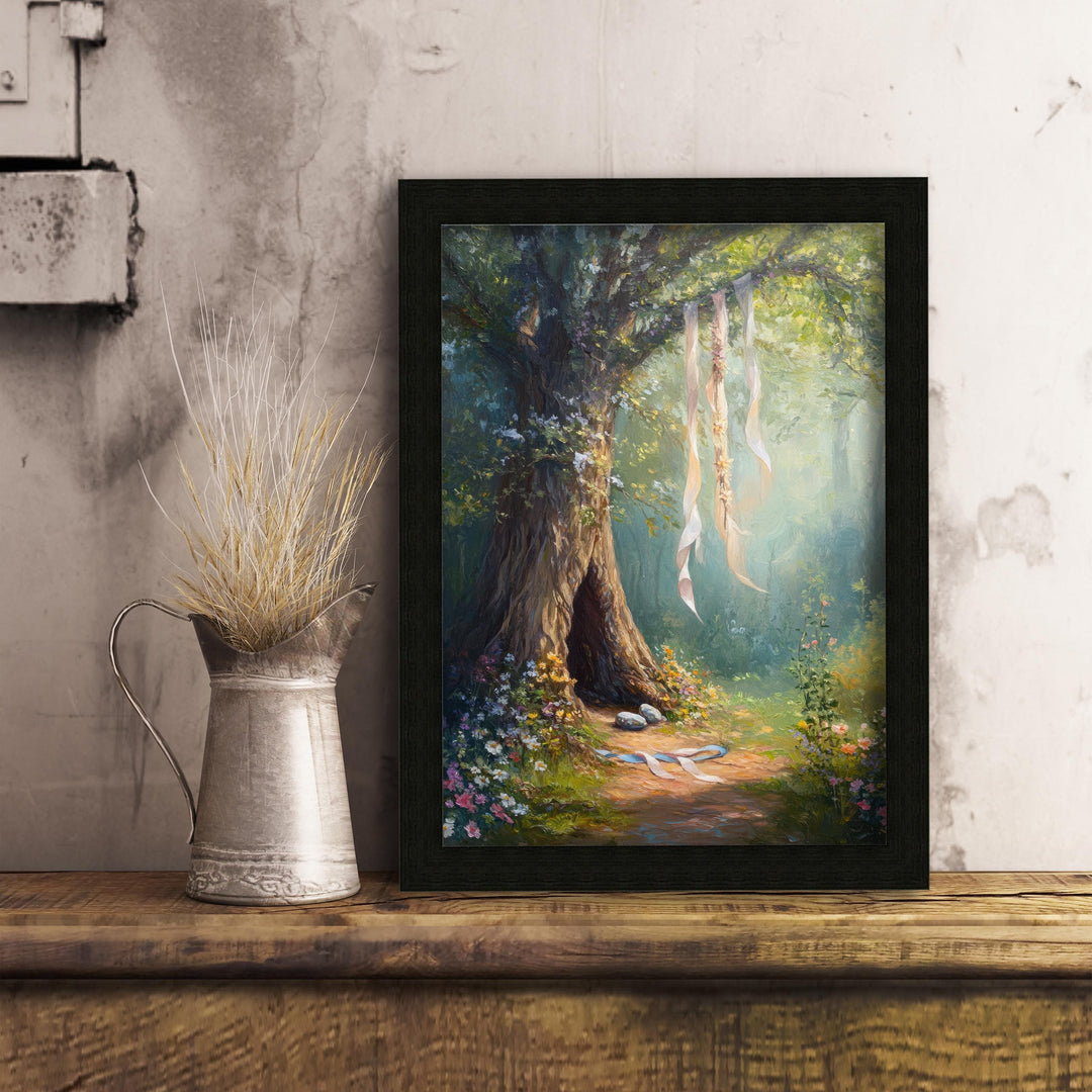 Enchanted Forest Tree Print, Hanging Ribbons Vintage Art