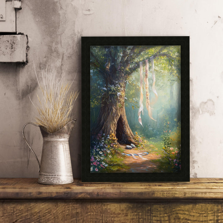 Enchanted Forest Tree Print, Hanging Ribbons Vintage Art