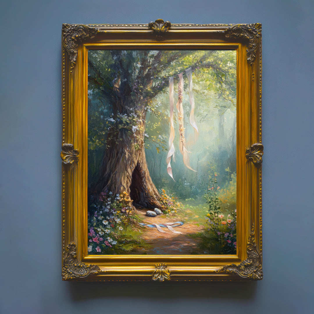 Enchanted Forest Tree Print, Hanging Ribbons Vintage Art