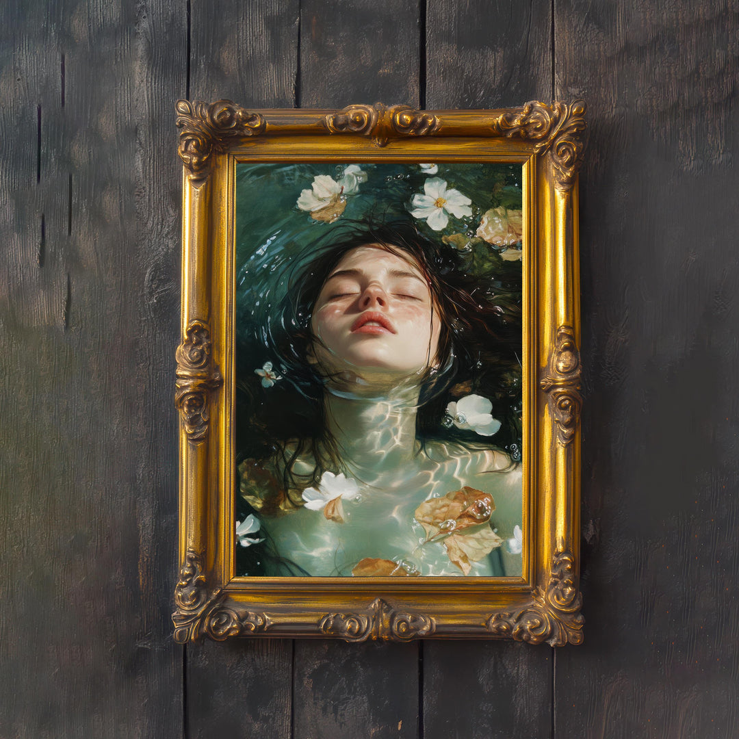 Ophelia Beneath the Water Cottagecore Print Poster Vintage Mythical Art Dark Academia Antique Illustration Enchanted Floral Cottagecore