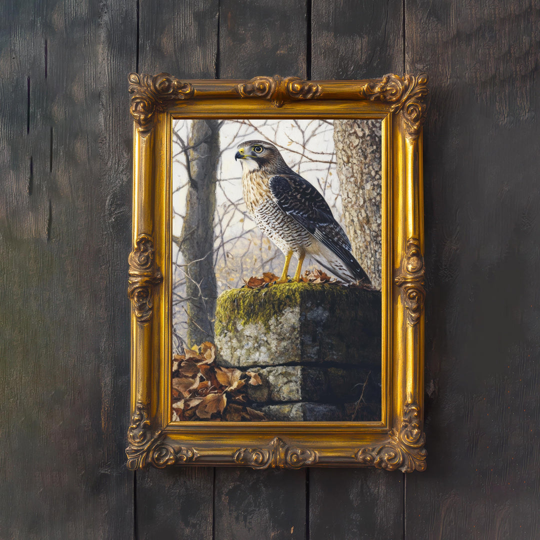 Sparrowhawk Mossy Stone Wall Cottagecore Print Poster Vintage Nature Art Dark Academia Antique Illustration Enchanted Woodland Cottagecore