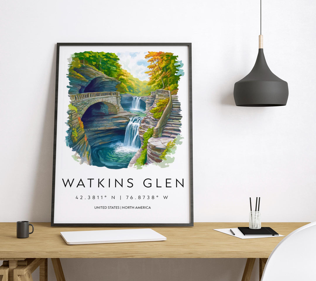 Watkins Glen State Park Watercolor Wall Art Watkins Glen Decor Home Décor Watkins Glen Gift USA Art Lover Gift, Travel Print